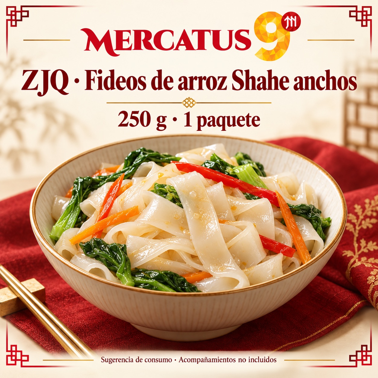 Sugerencia ilustrativa de consumo de ZJQ · Fideos de arroz Shahe anchos; acompañamientos no incluidos