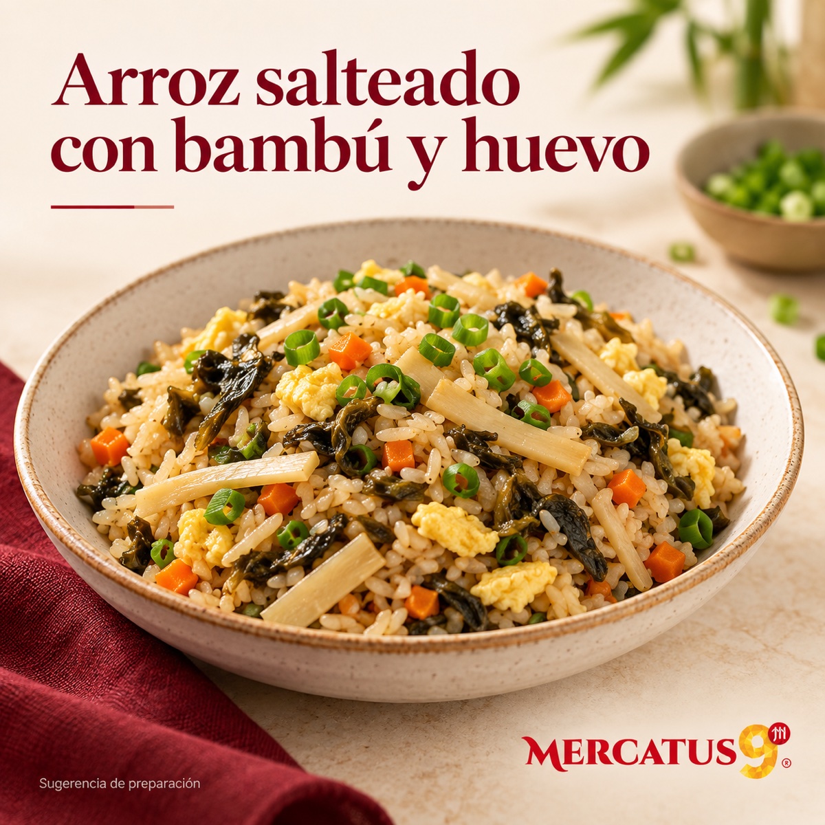 Receta ilustrativa: Arroz salteado con bambú y huevo; acompañamientos no incluidos