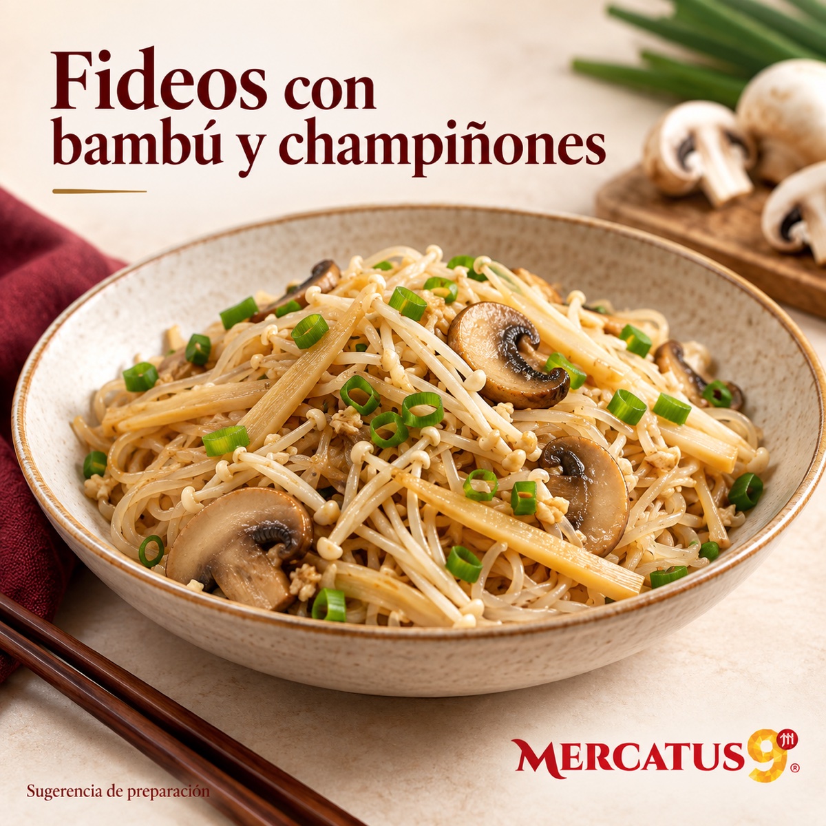Receta ilustrativa: Fideos con bambú y champiñones; acompañamientos no incluidos