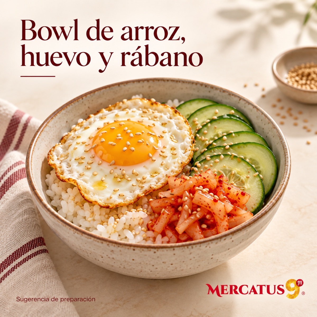 Receta ilustrativa: Bowl de arroz, huevo y rábano; acompañamientos no incluidos