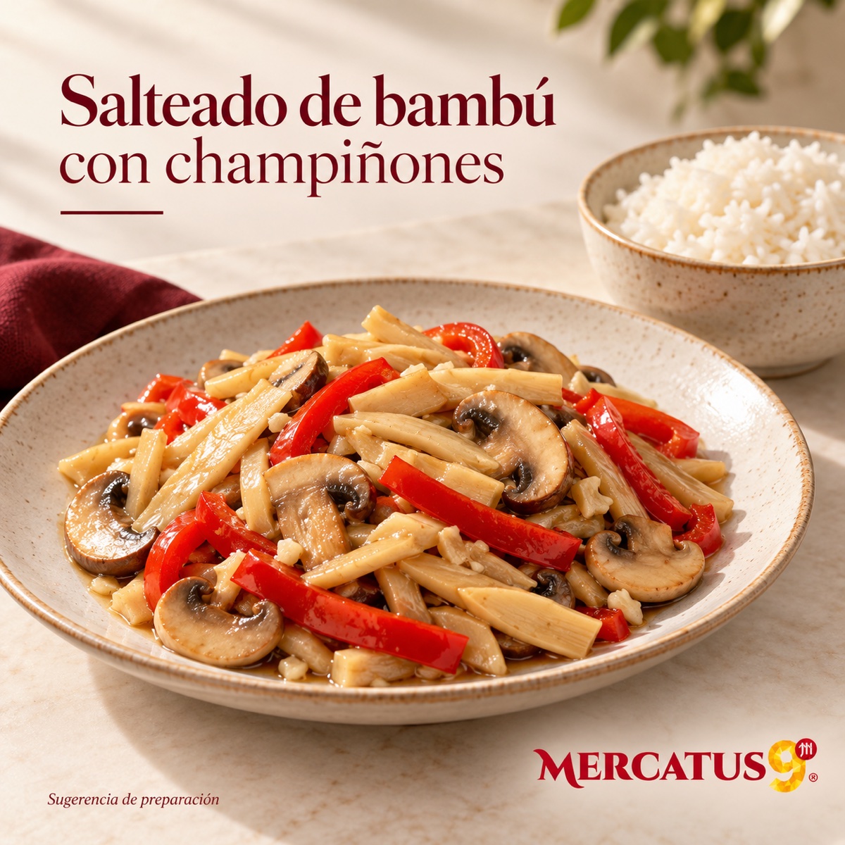 Receta ilustrativa: Salteado de bambú con champiñones; acompañamientos no incluidos