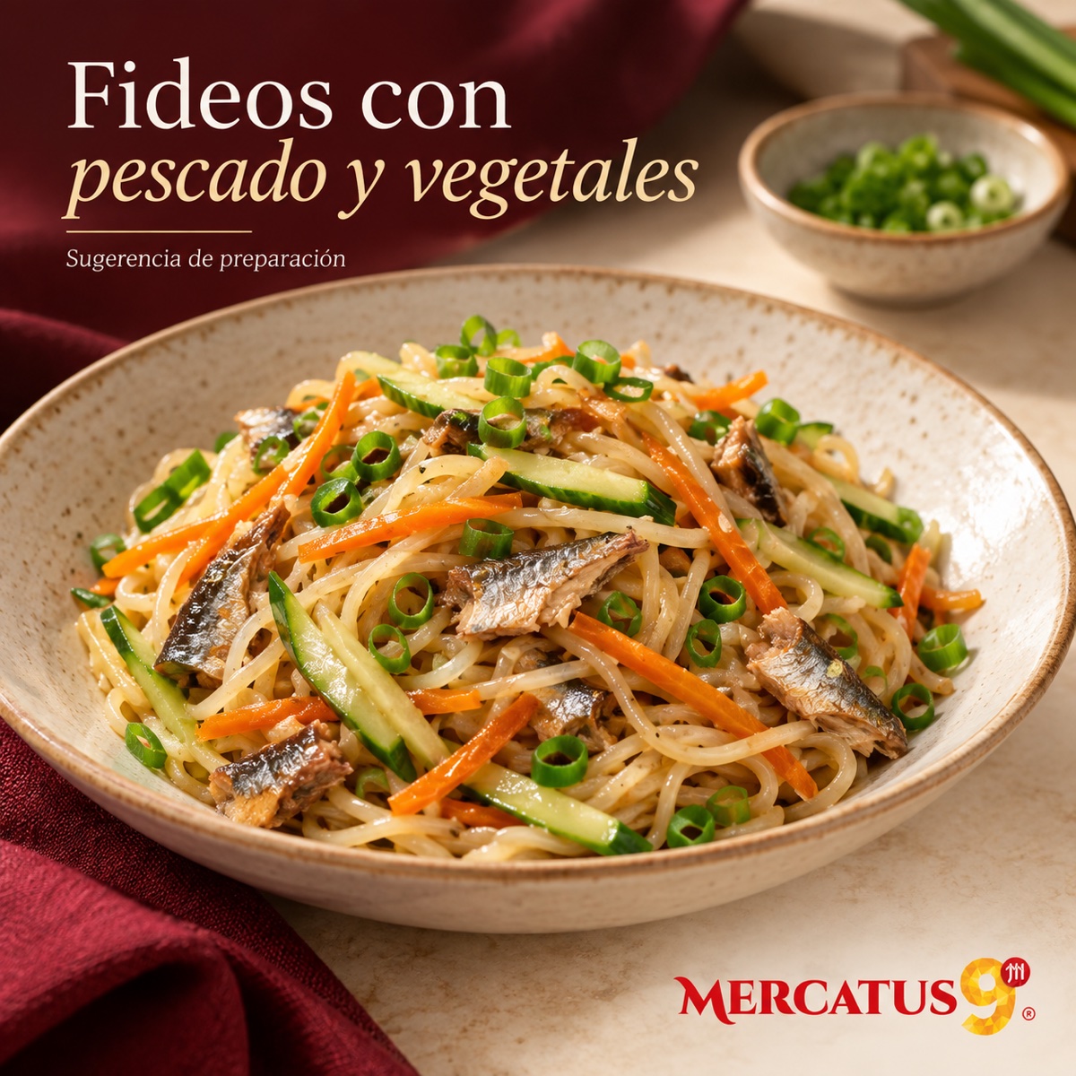 Receta ilustrativa: Fideos con pescado y vegetales; acompañamientos no incluidos