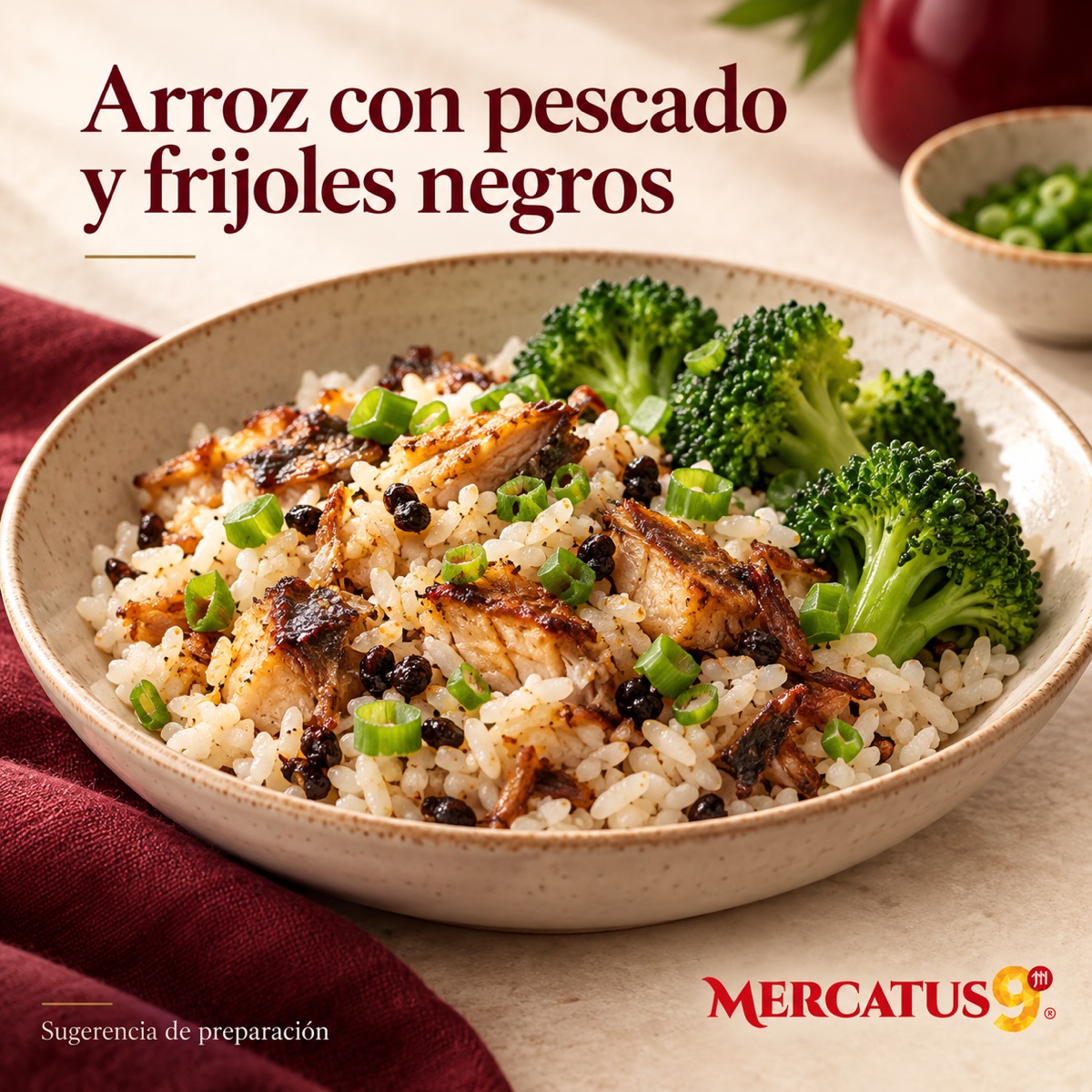 Receta ilustrativa: Arroz con pescado y frijoles negros; acompañamientos no incluidos