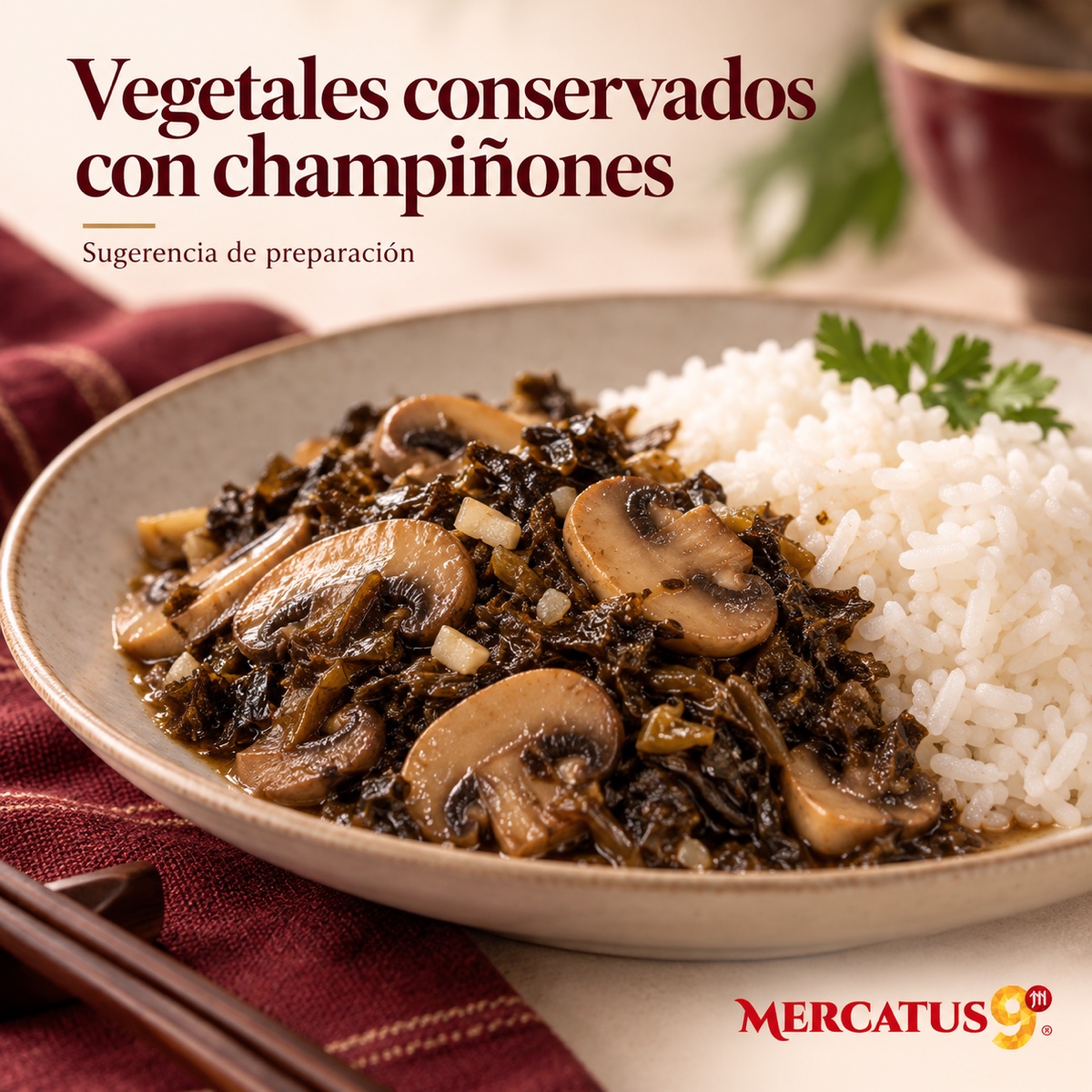 Receta ilustrativa: Vegetales conservados con champiñones; acompañamientos no incluidos