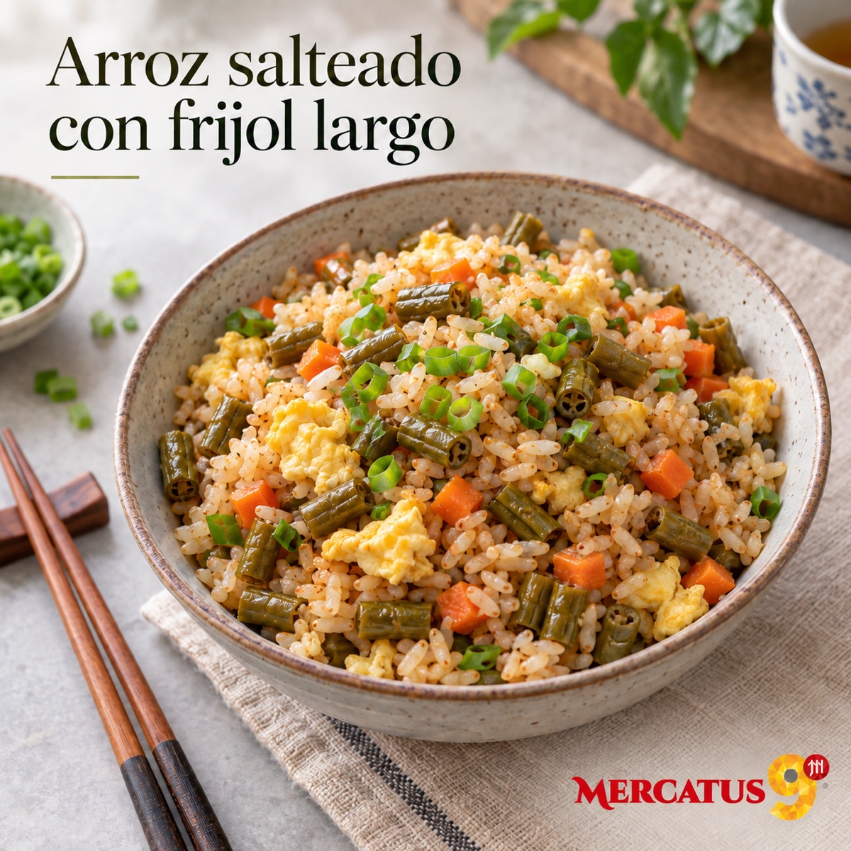 Receta ilustrativa: Arroz salteado con frijol largo y huevo; acompañamientos no incluidos
