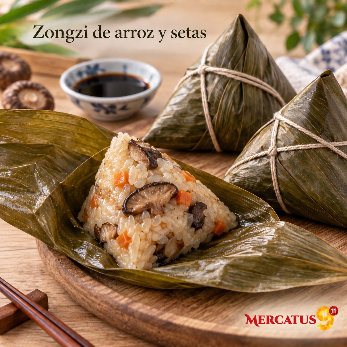 Receta ilustrativa: Zongzi de arroz glutinoso y setas; acompañamientos no incluidos