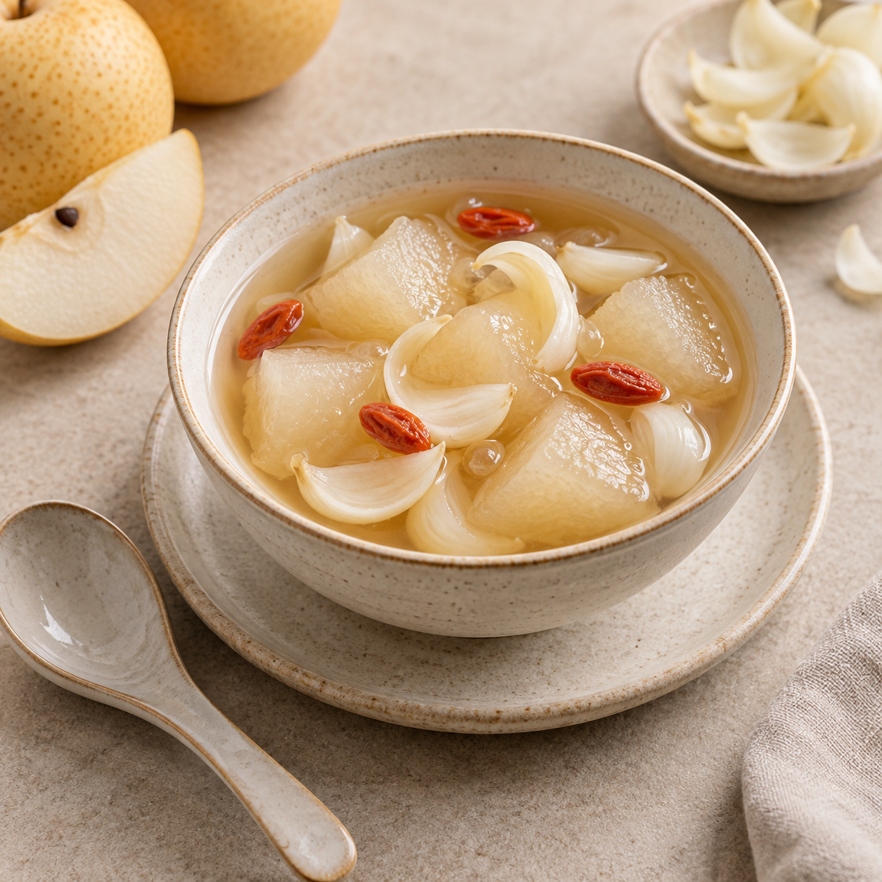 Sugerencia de preparación: Sopa dulce de pera y lirio