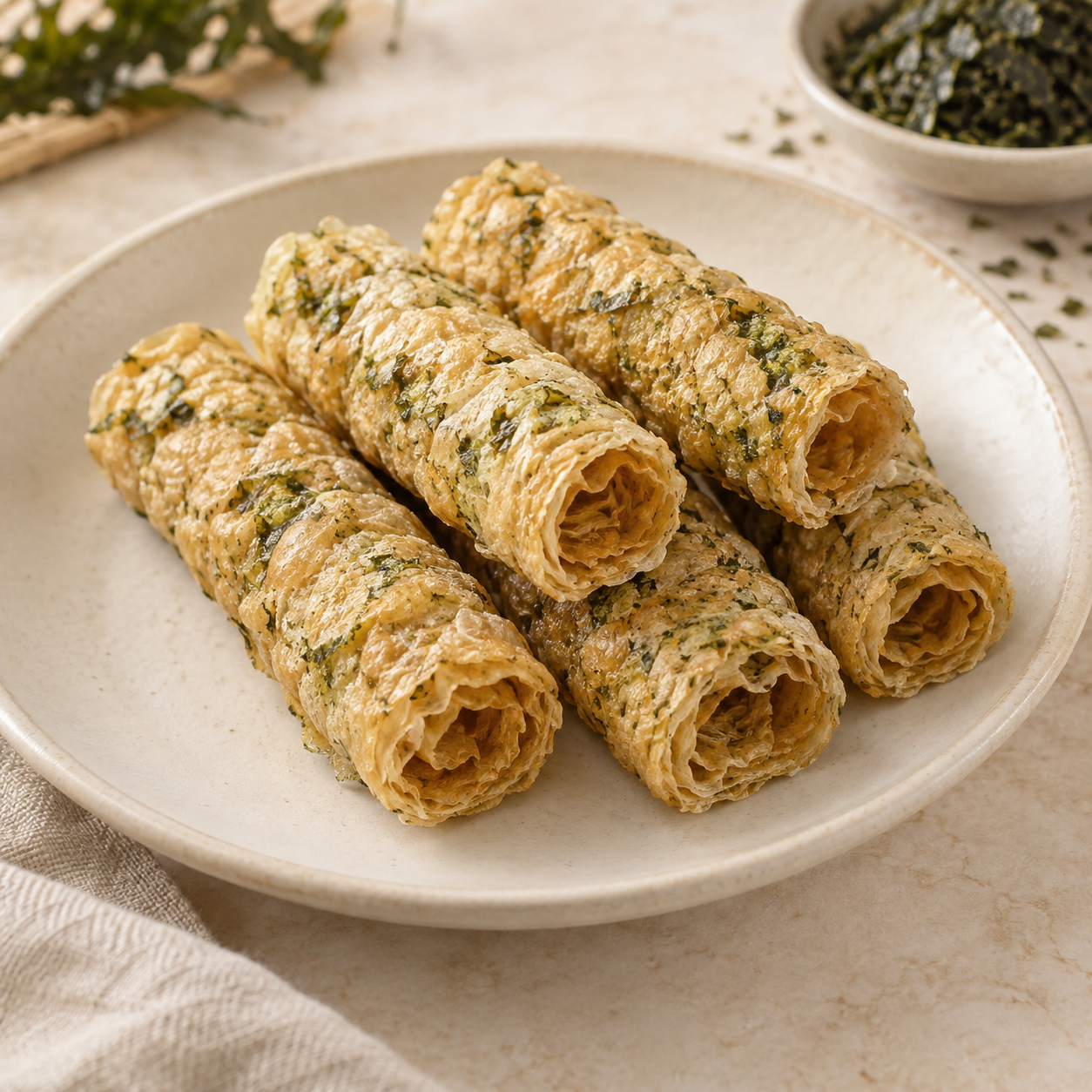 Presentación ilustrativa: Rollos de piel de soya sabor alga · 海苔响铃卷