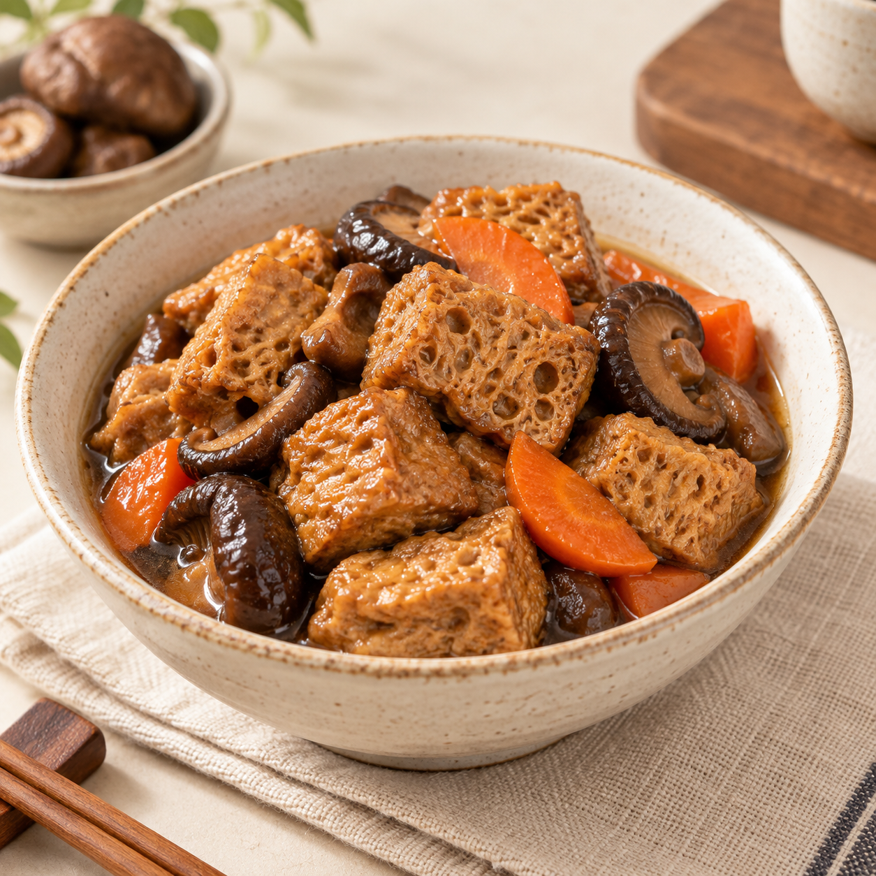 Sugerencia de preparación: Kaofu guisado con hongos y zanahoria