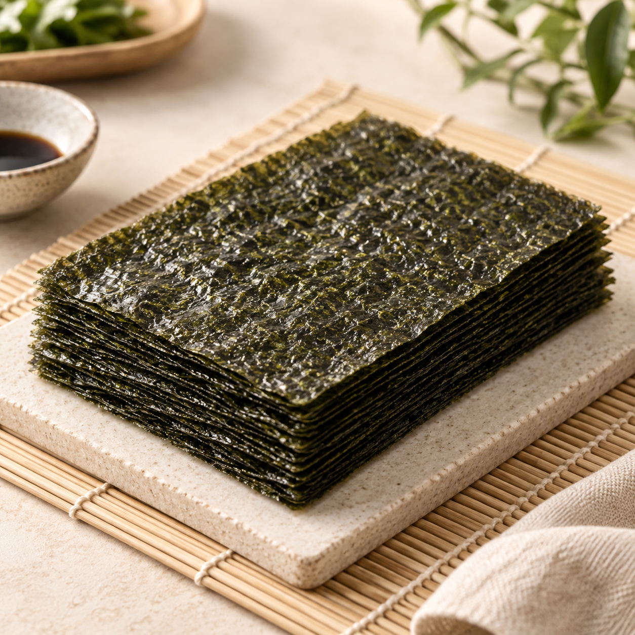 Presentación ilustrativa: Hojas de nori tostado para sushi
