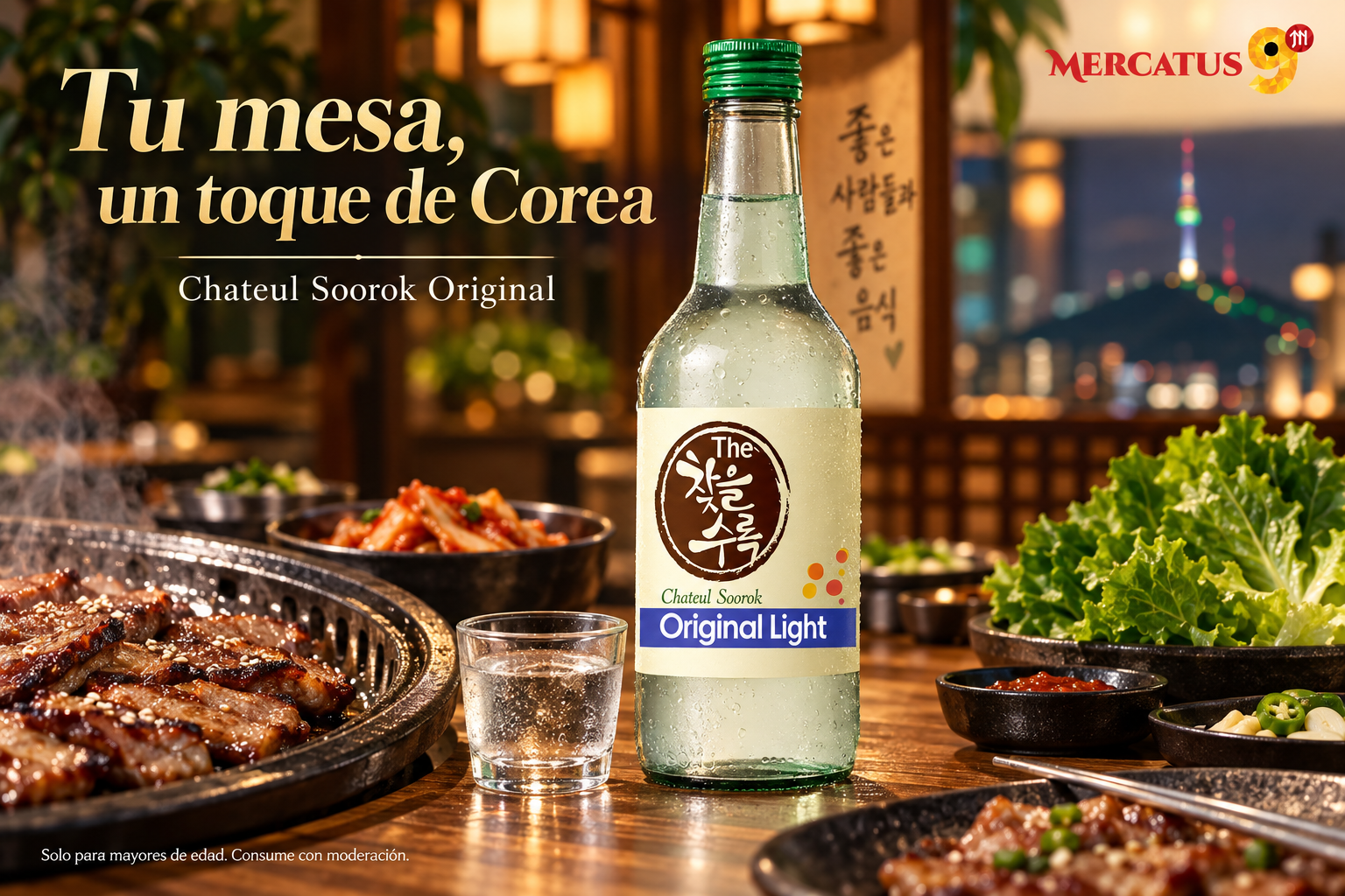 Soju Chateul Soorok Original junto a una parrilla coreana; sugerencia de presentación