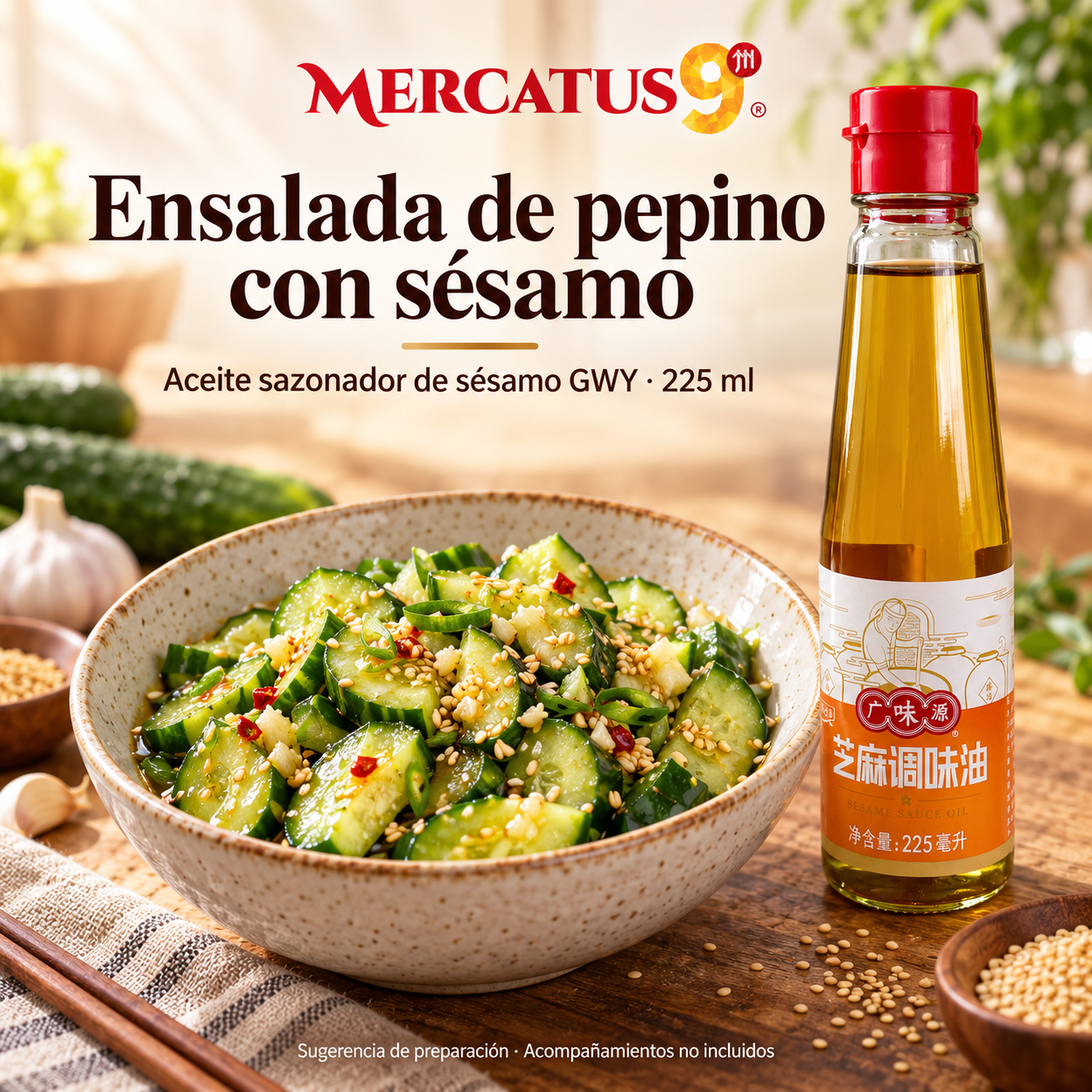 Aceite sazonador de sésamo GWY · 225 ml — Ensalada de pepino con sésamo