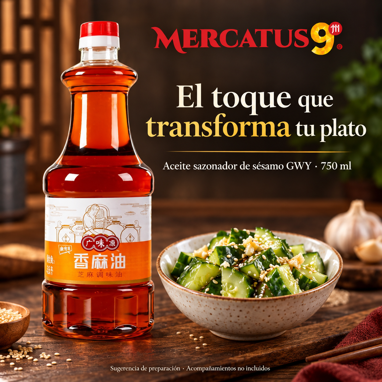 Aceite sazonador de sésamo GWY · 750 ml — Ensalada de pepino con sésamo