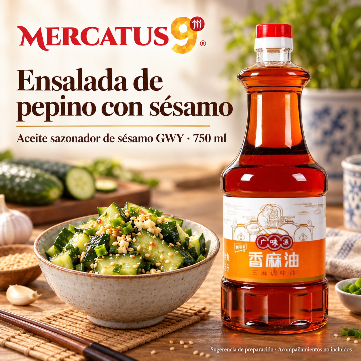 Aceite sazonador de sésamo GWY · 750 ml — Ensalada de pepino con sésamo