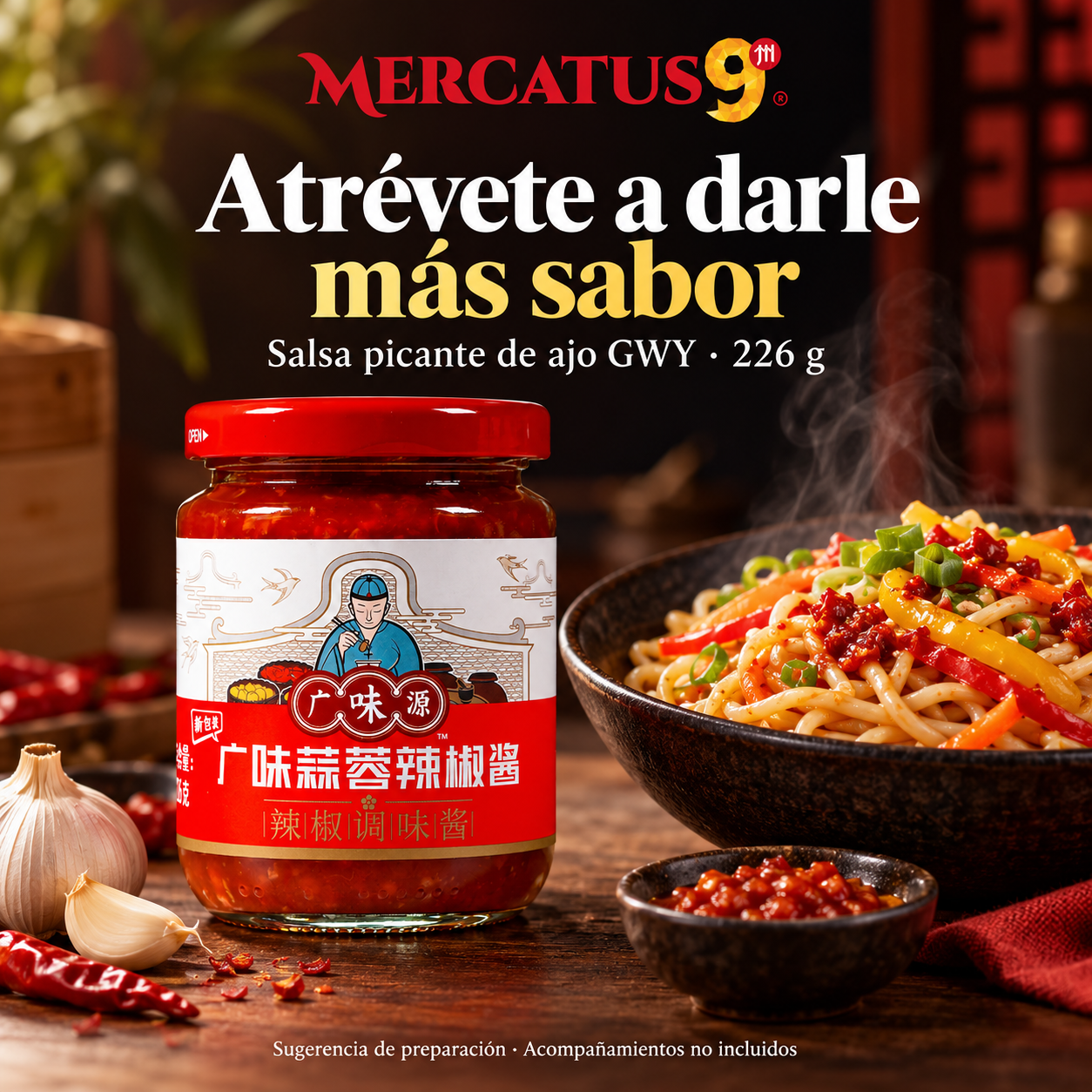 Salsa picante de ajo GWY · 226 g — Fideos salteados con ajo picante