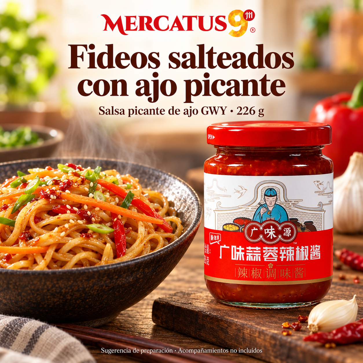 Salsa picante de ajo GWY · 226 g — Fideos salteados con ajo picante
