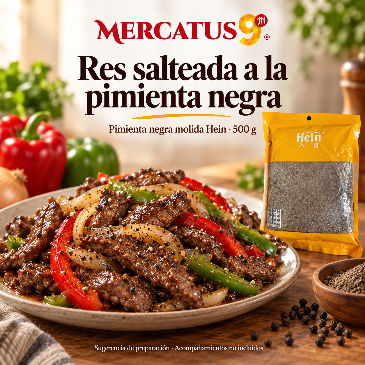 Pimienta negra molida Hein · 500 g — Res salteada a la pimienta negra