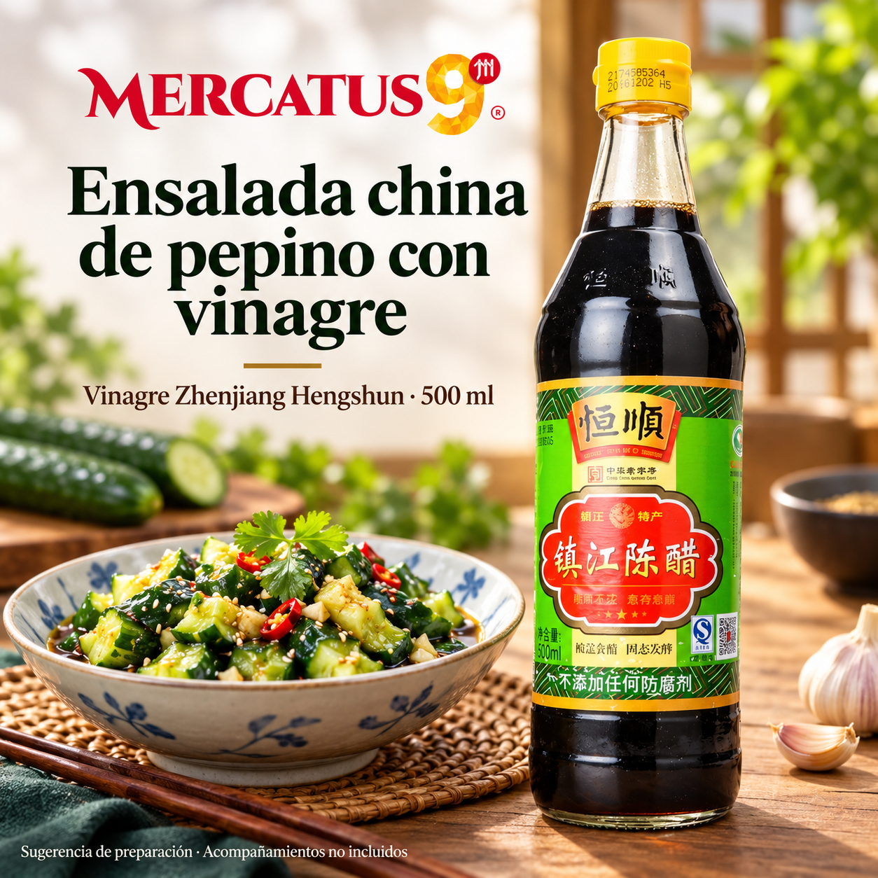 Vinagre Zhenjiang Hengshun · 500 ml — Ensalada china de pepino con vinagre