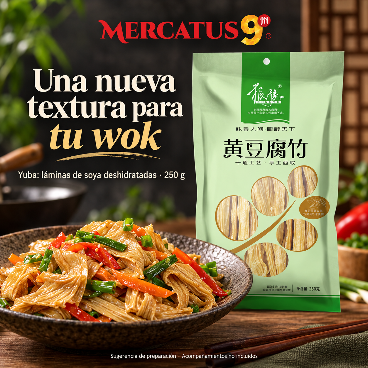 Yuba: láminas de soya deshidratadas · 250 g — Yuba salteada con verduras