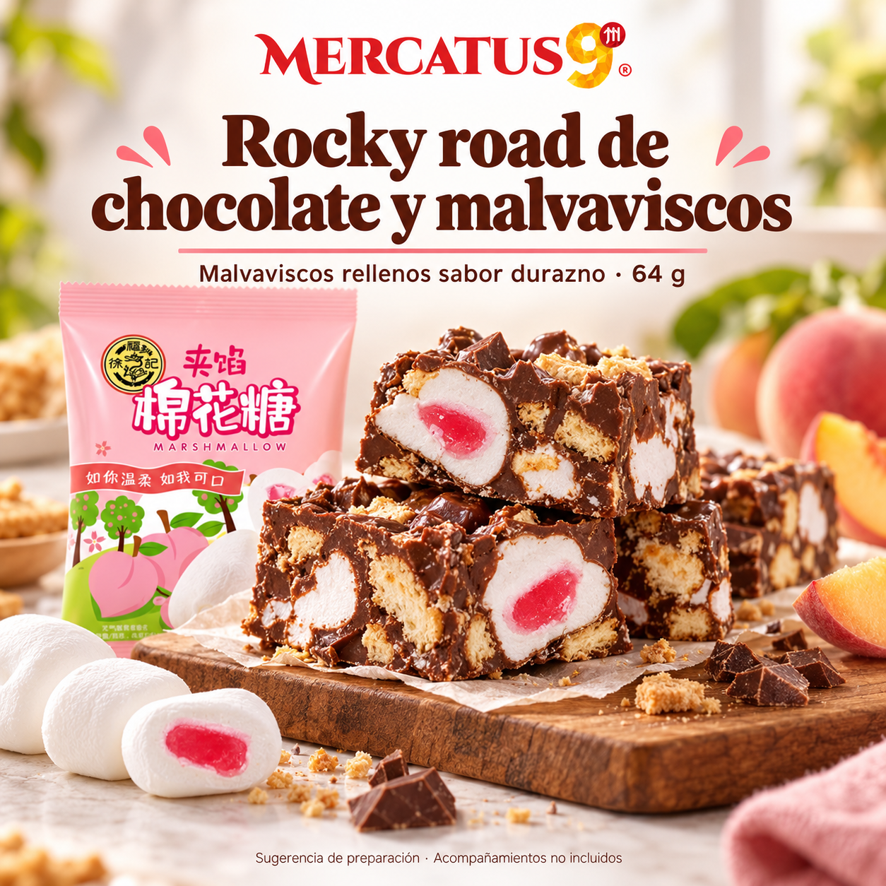 Malvaviscos rellenos sabor durazno · 64 g — Rocky road de chocolate y malvaviscos