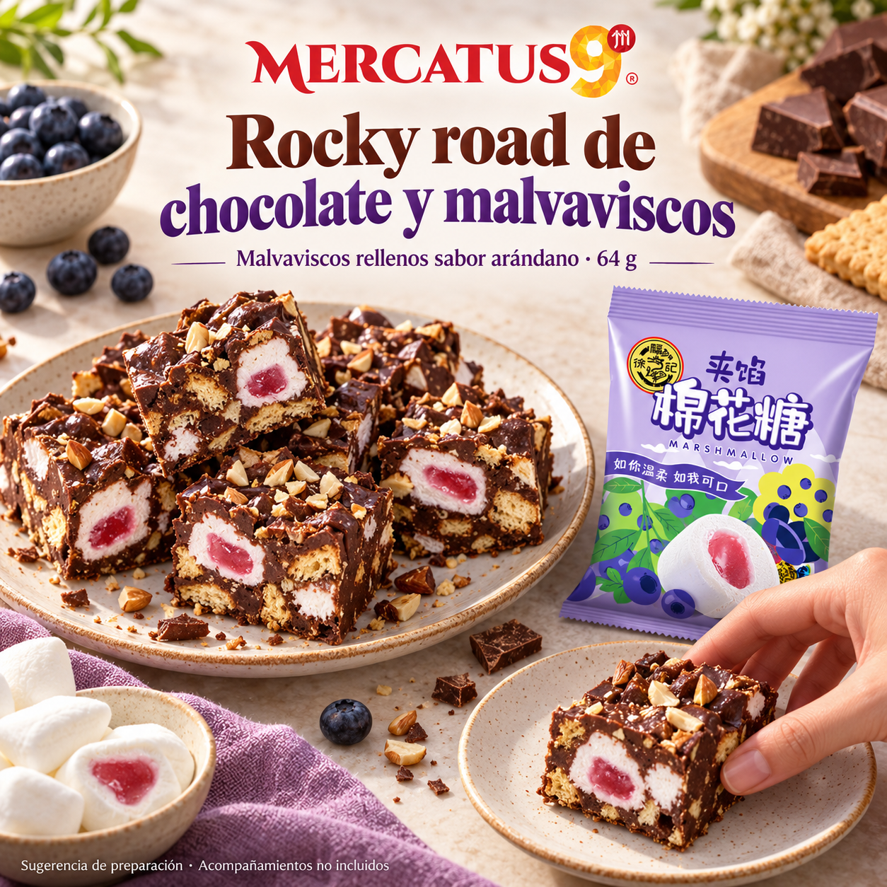 Malvaviscos rellenos sabor arándano · 64 g — Rocky road de chocolate y malvaviscos