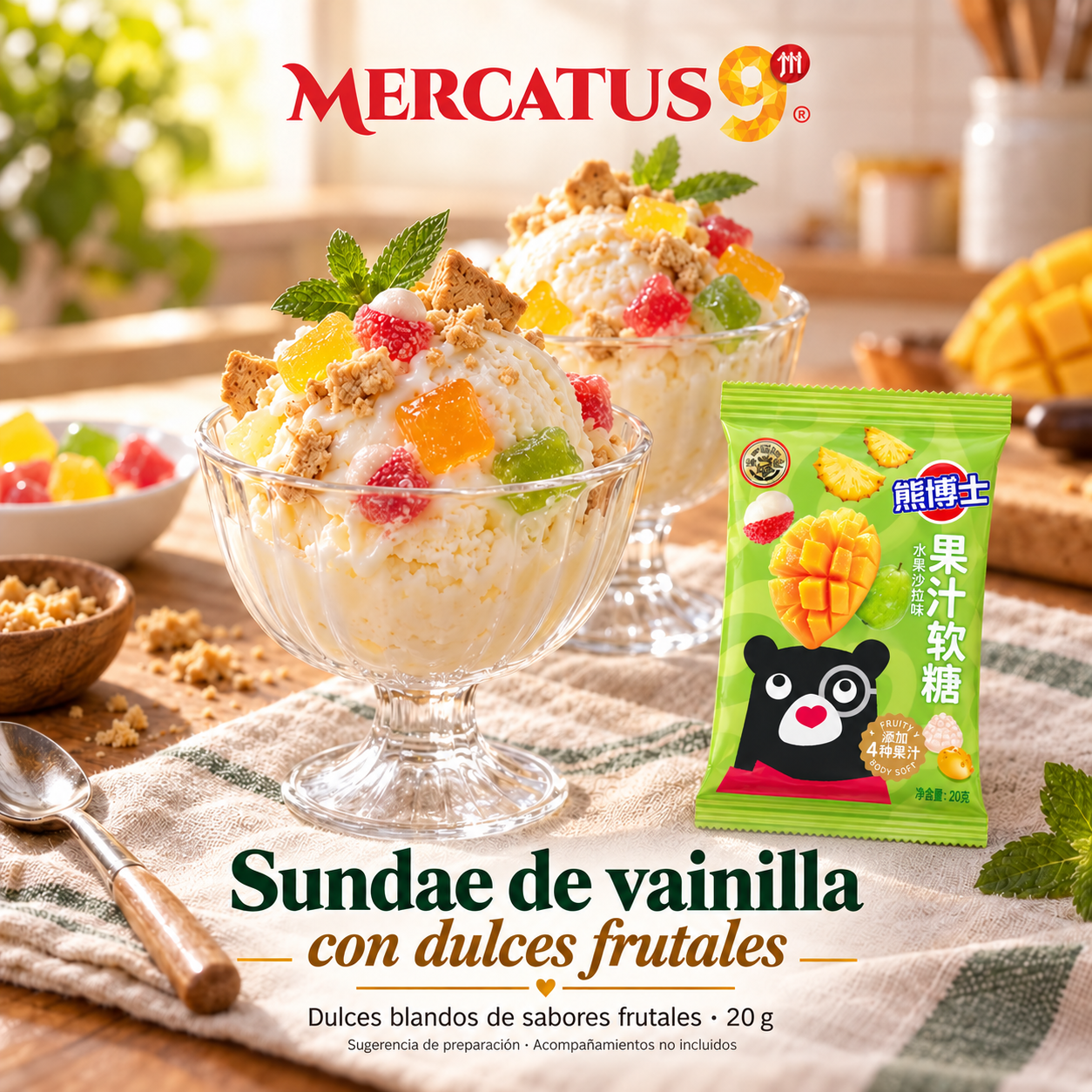 Dulces blandos de sabores frutales · 20 g — Sundae de vainilla con dulces frutales