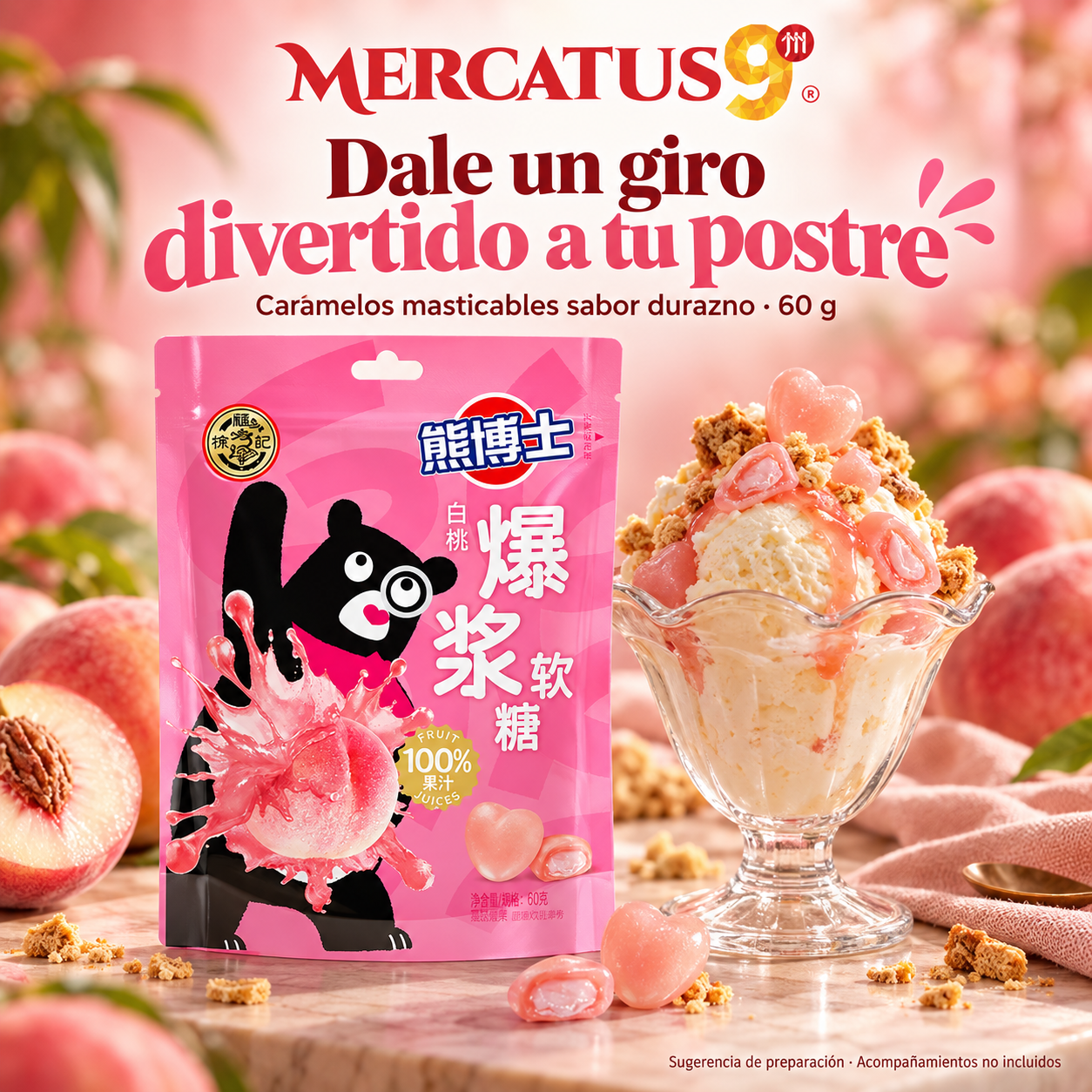 Caramelos masticables sabor durazno · 60 g — Sundae de vainilla con dulces frutales