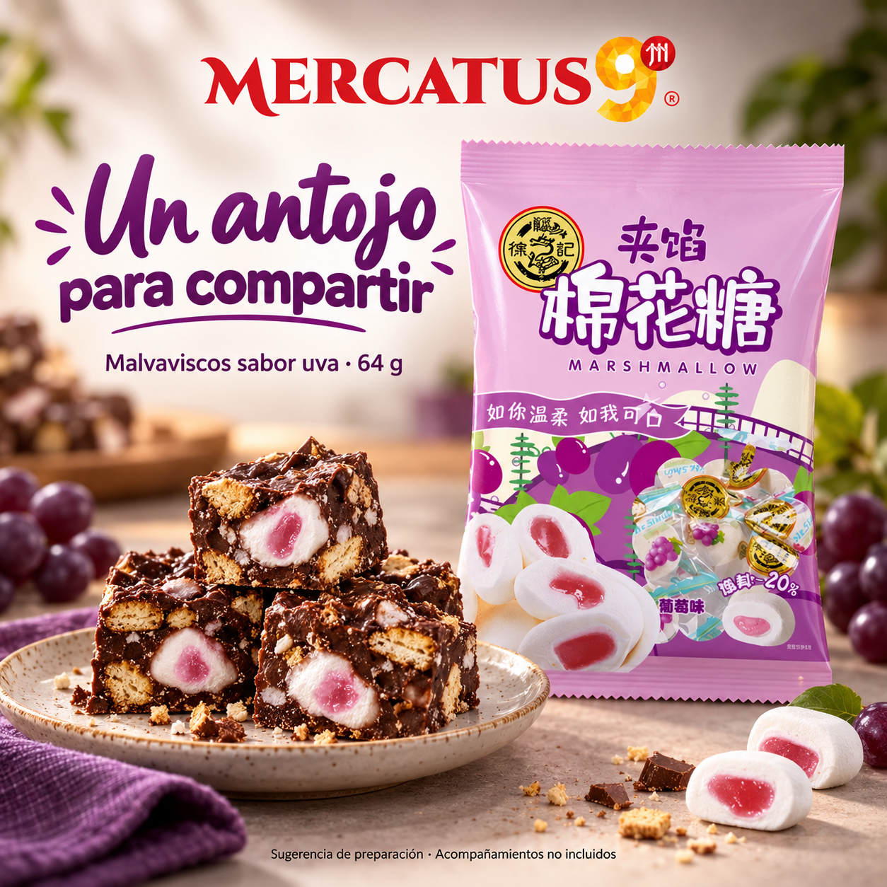 Malvaviscos sabor uva · 64 g — Rocky road de chocolate y malvaviscos