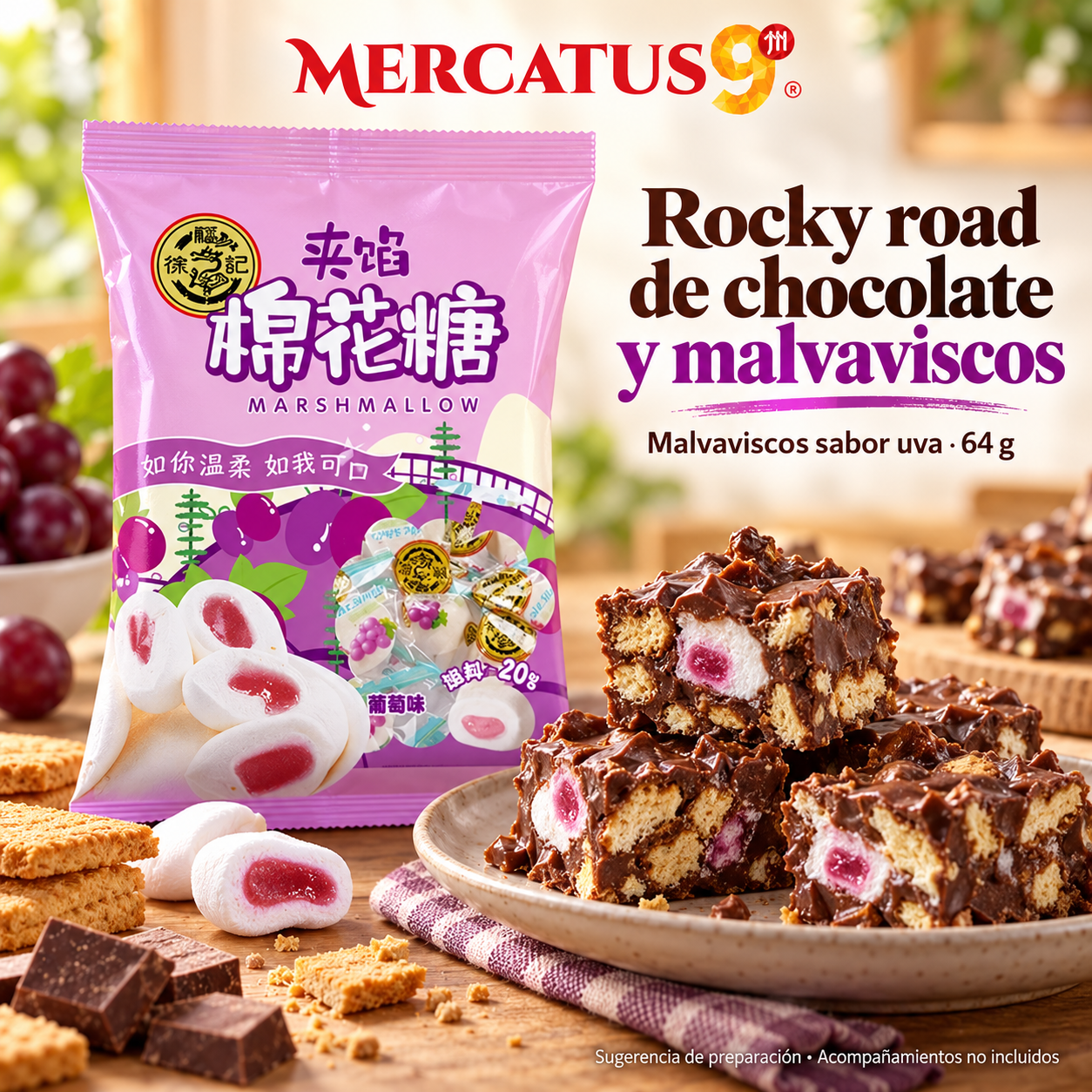 Malvaviscos sabor uva · 64 g — Rocky road de chocolate y malvaviscos