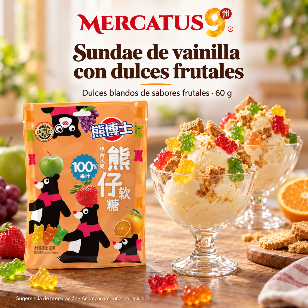 Dulces blandos de sabores frutales · 60 g — Sundae de vainilla con dulces frutales