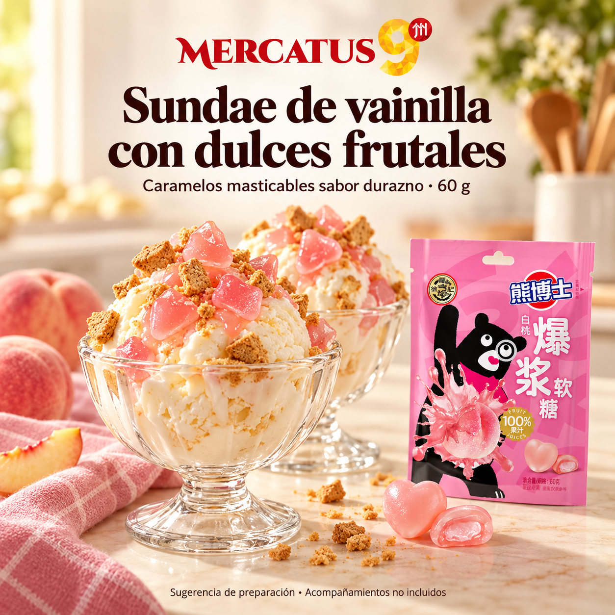 Caramelos masticables sabor durazno · 60 g — Sundae de vainilla con dulces frutales