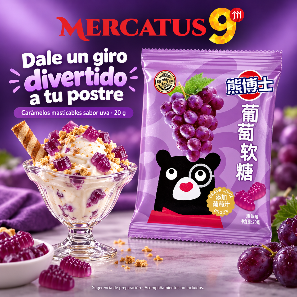Caramelos masticables sabor uva · 20 g — Sundae de vainilla con dulces frutales