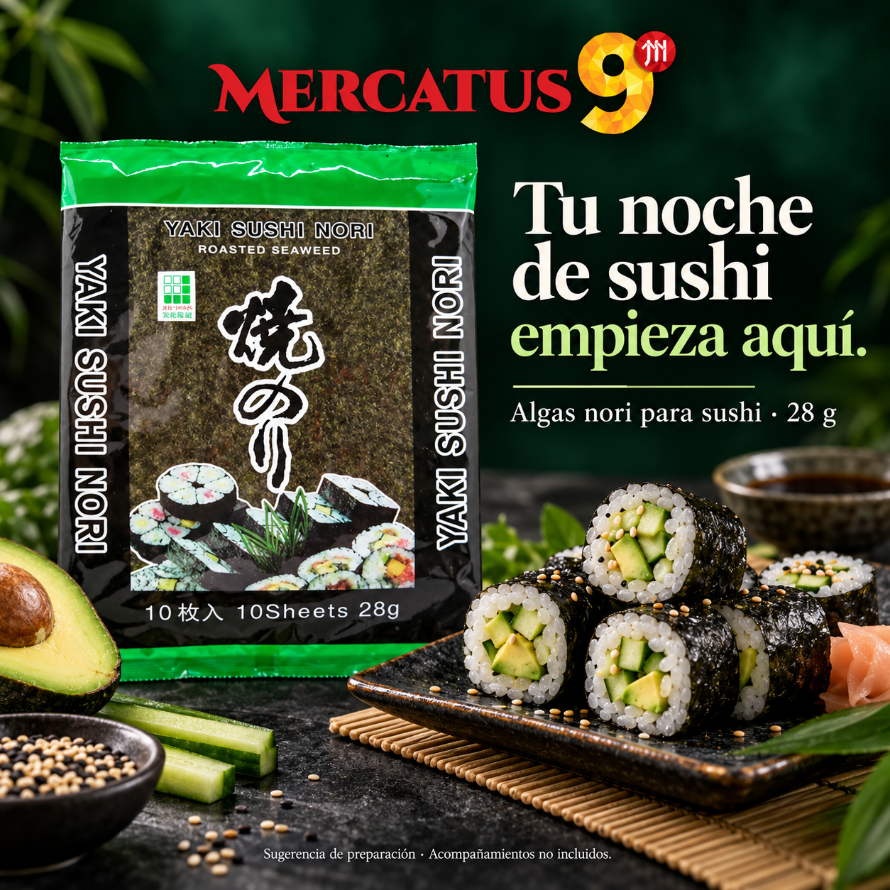 Algas nori para sushi · 28 g — Maki de pepino y aguacate
