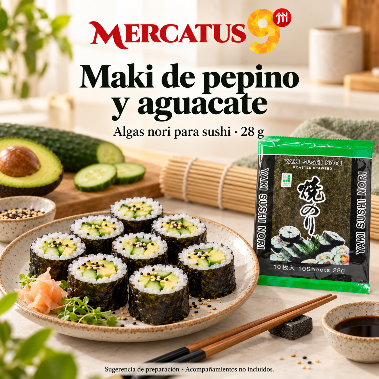 Algas nori para sushi · 28 g — Maki de pepino y aguacate