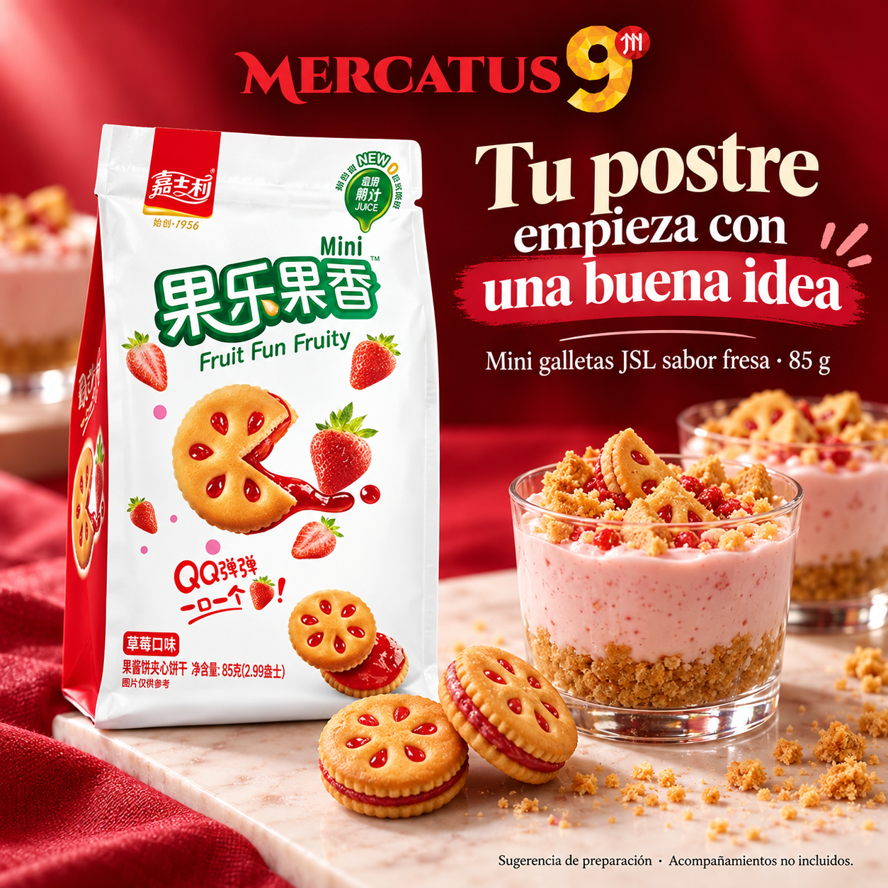 Mini galletas JSL sabor fresa · 85 g — Cheesecake en vasitos sin horno