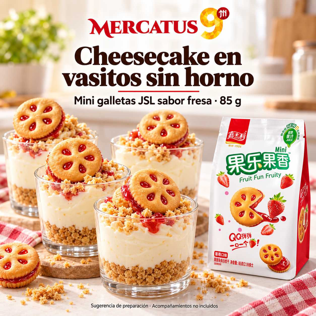 Mini galletas JSL sabor fresa · 85 g — Cheesecake en vasitos sin horno