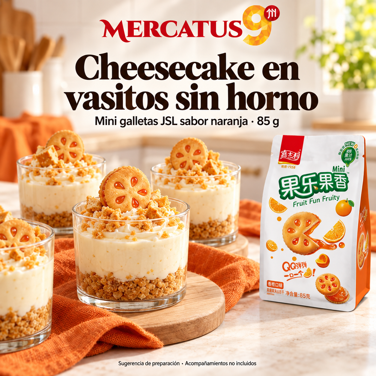 Mini galletas JSL sabor naranja · 85 g — Cheesecake en vasitos sin horno